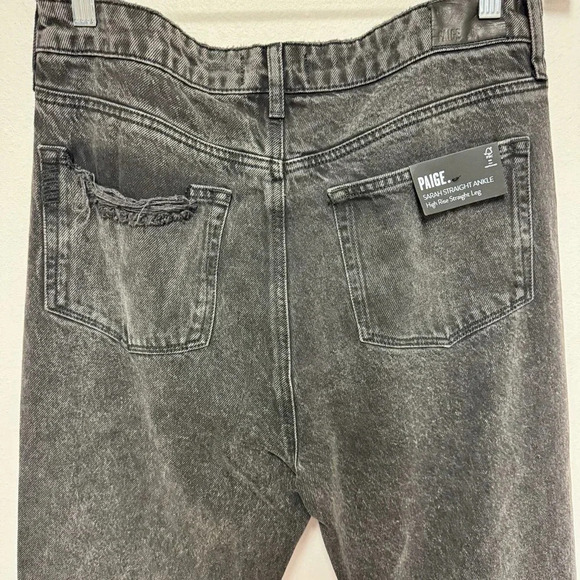 NWT $229 Paige Sarah Straight Ankle Black Denim Jean - Distressed Frayed Hem - Picture 9 of 10